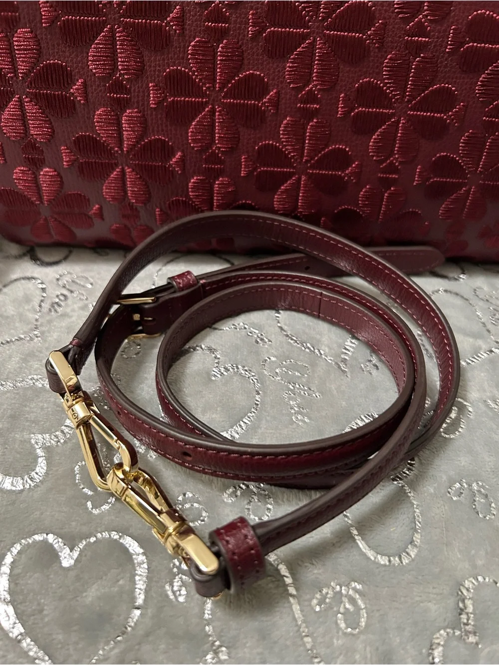 NWT Kate Spade Burgundy Quilted Floral Top-Handle Satchel and matching wallet